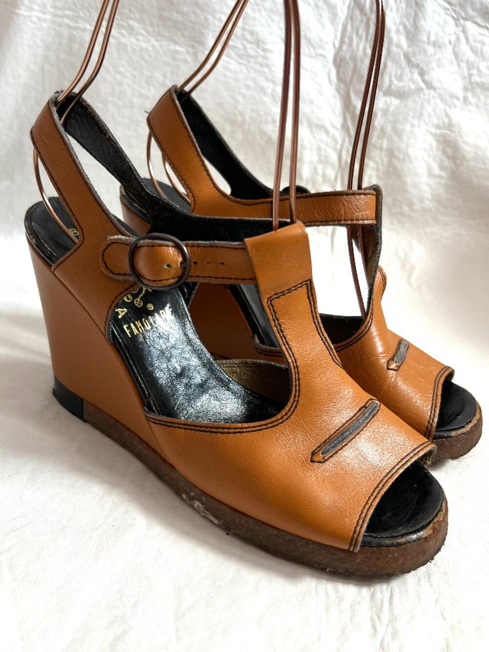 Vintage 70s wedge sandals Bibiana womens 8 brown leather ankle t strap high heel